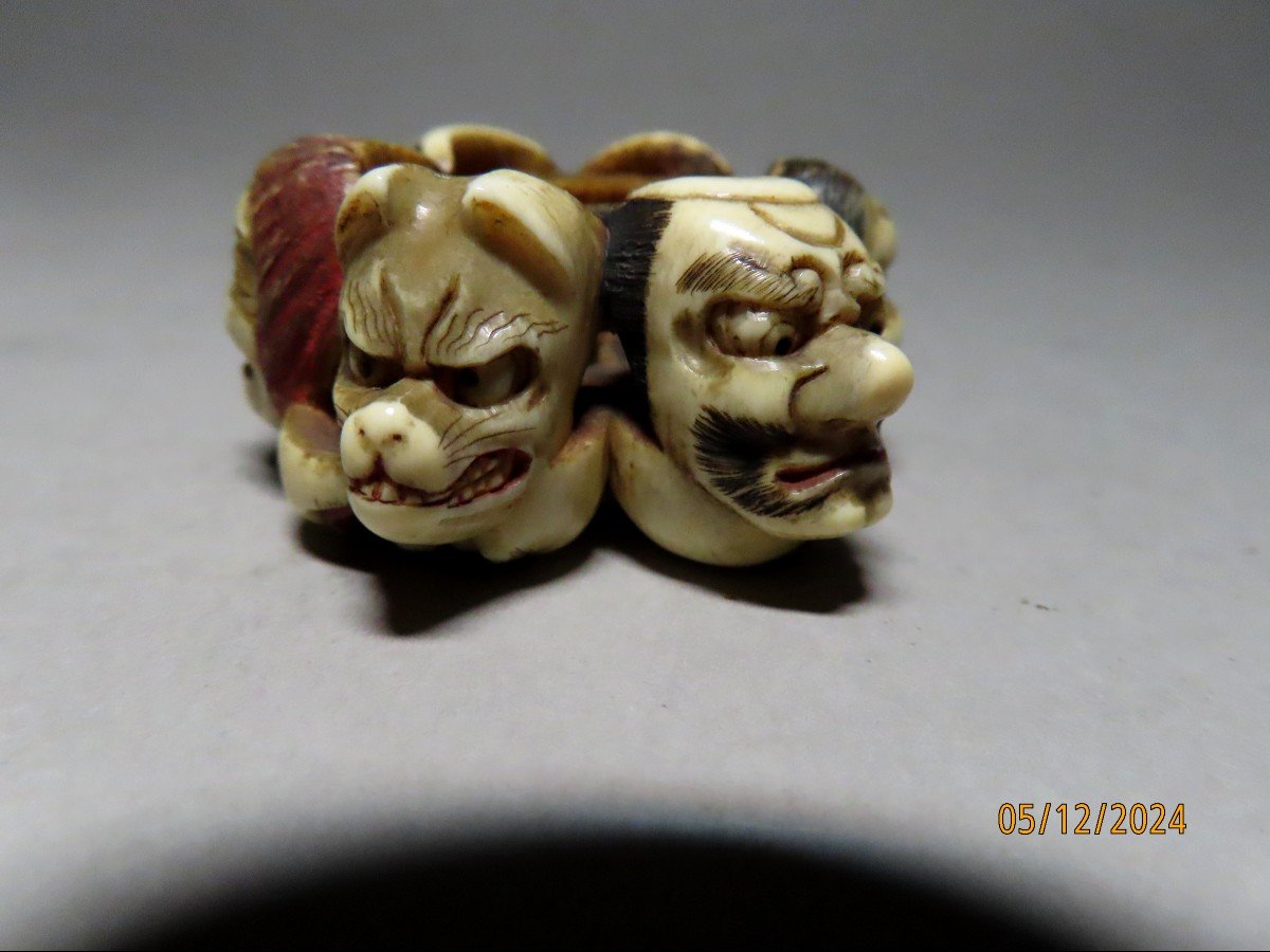 Ivory Netsuke. 11 Nö Theater Masks. Signed Hakuunsai, Tokyo School. Meiji Japan.-photo-3