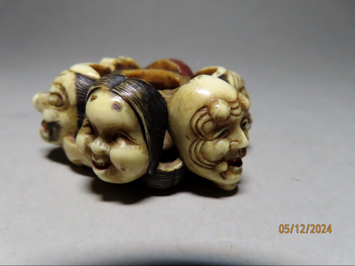 Ivory Netsuke. 11 Nö Theater Masks. Signed Hakuunsai, Tokyo School. Meiji Japan.-photo-4