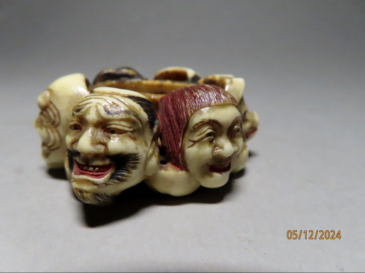 Ivory Netsuke. 11 Nö Theater Masks. Signed Hakuunsai, Tokyo School. Meiji Japan.-photo-1