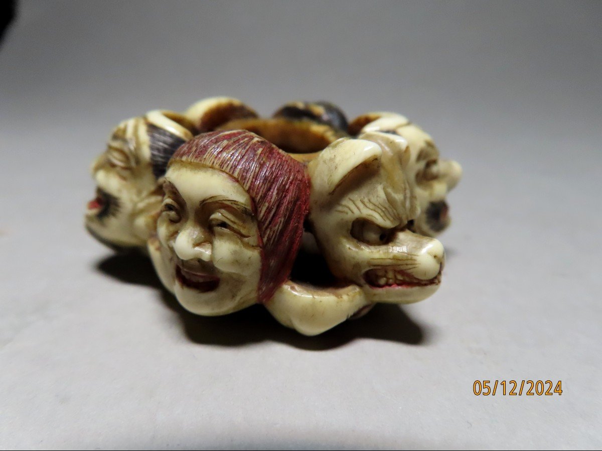 Ivory Netsuke. 11 Nö Theater Masks. Signed Hakuunsai, Tokyo School. Meiji Japan.-photo-2