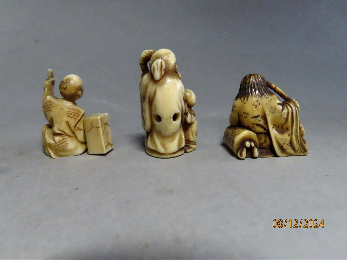 Trois Netsuke en ivoire. Artisan, peintre et vieux Sage. Japon époque Meiji (1868-1912 )-photo-3