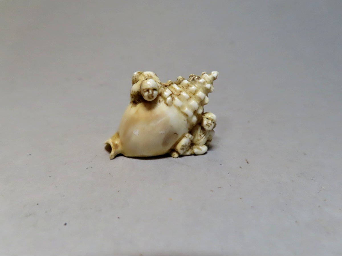 Netsuke en ivoire. Deux karako sur une conque géante. Japon époque Meiji (1868-1912 )