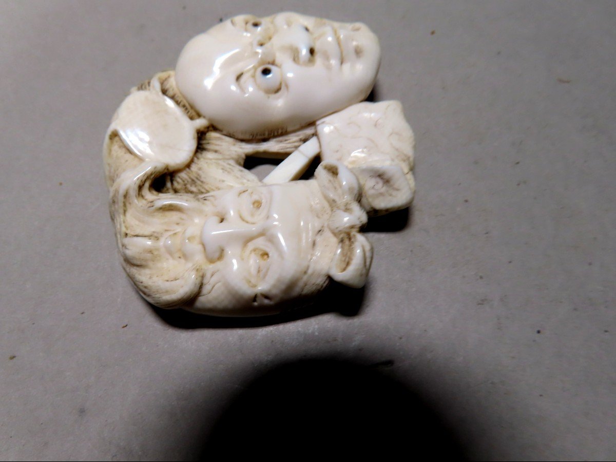 Ivory Netsuke. Two Nô, Jô Masks. Meiji Japan.-photo-2