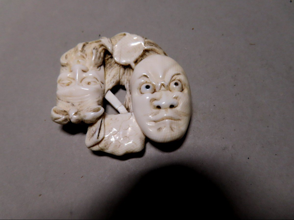 Ivory Netsuke. Two Nô, Jô Masks. Meiji Japan.-photo-3