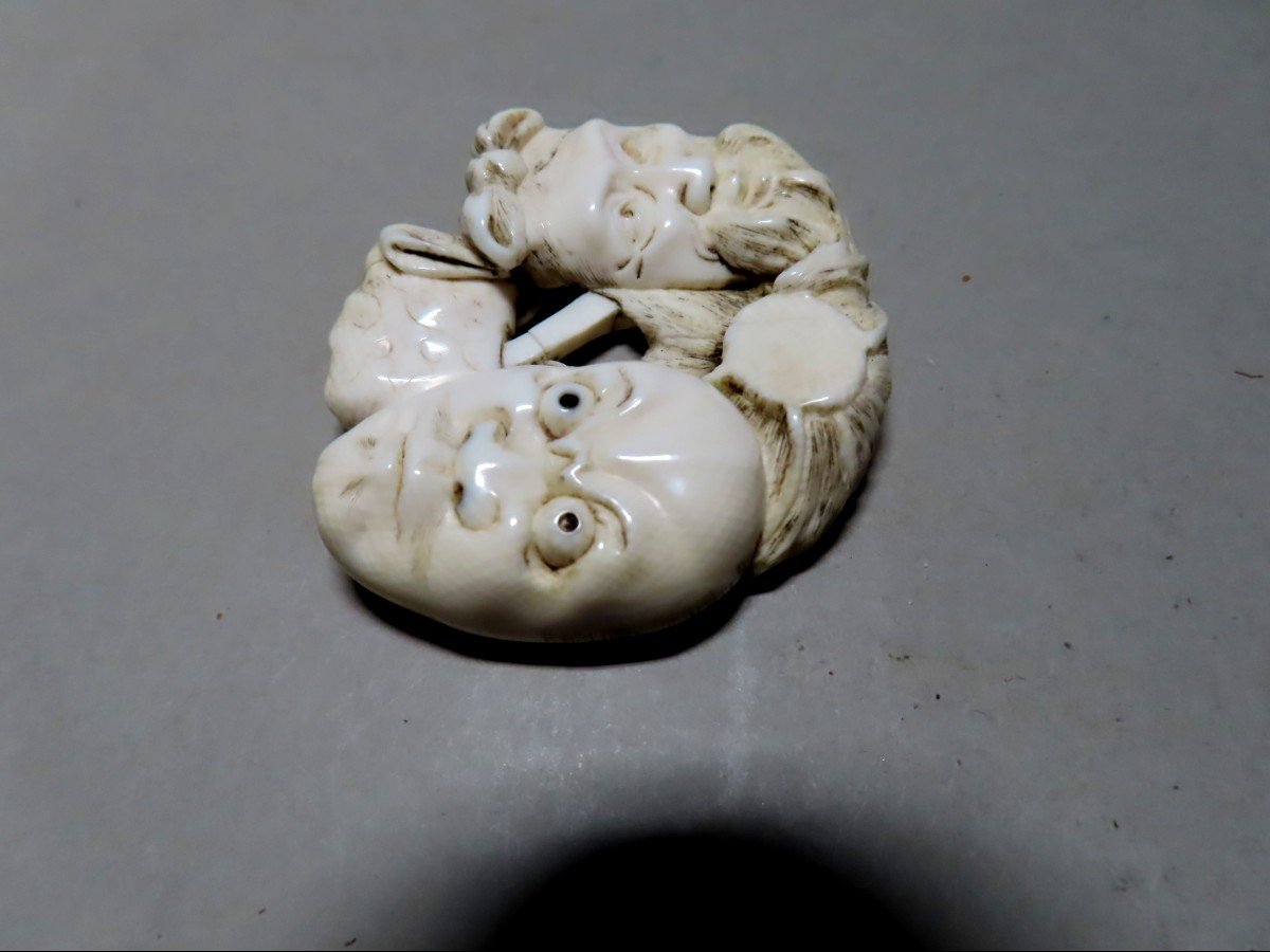 Ivory Netsuke. Two Nô, Jô Masks. Meiji Japan.-photo-4