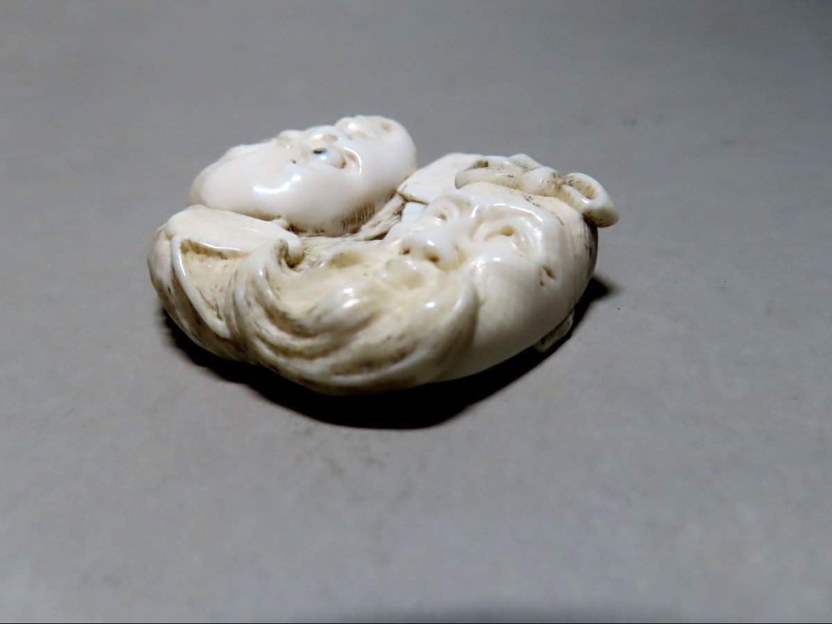 Ivory Netsuke. Two Nô, Jô Masks. Meiji Japan.-photo-3