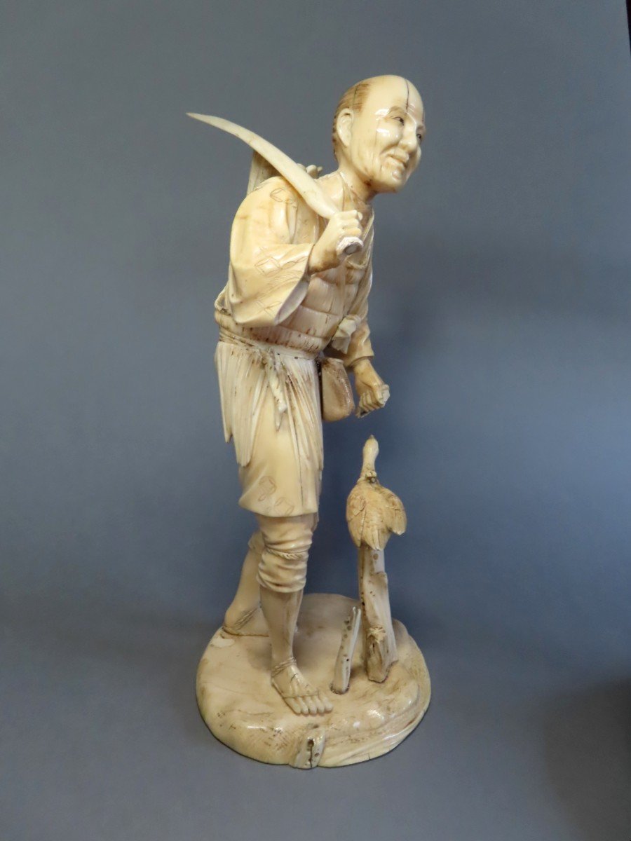 Okimono In Marine Ivory. Fisherman With Cormorant. Japan, Meiji Period (1868-1912)-photo-3