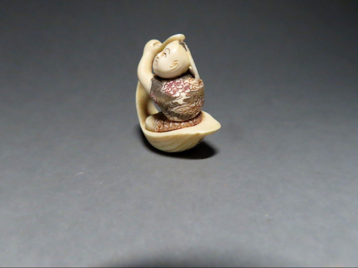 Ivory Netsuke Karako Sailing On A Leaf. Japan Taisho Period (1912-1928)-photo-2