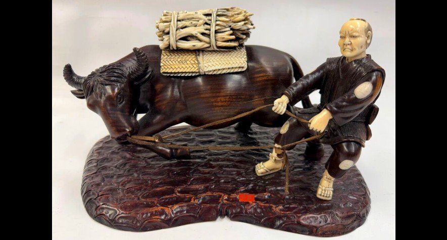 Okimono In Wood And Ivory. The Cowherd And His Ox. Japan Meiji Period (1868-1912)