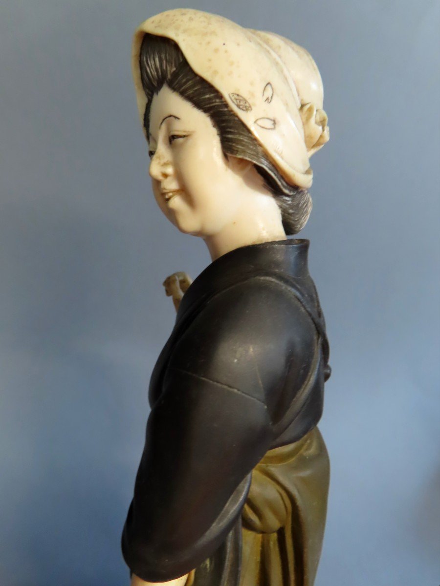 Okimono Bronze And Ivory, Chryselephantine. Young Woman With A Teapot. Japan, Meiji (1868-1912)-photo-6