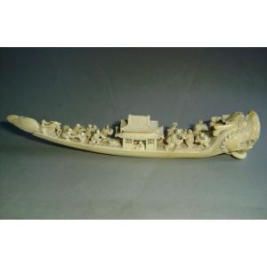 Ivory Okimono. Dragon Boat. China Early 20th Century.