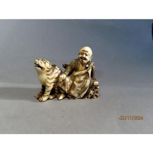 Ivory Netsuke. Sennin And His Tiger. Japan Late Edo Early Meiji 