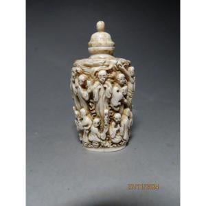 Ivory Snuff Bottle. Luohan In The Clouds. China 1920-30.