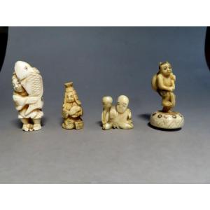 Quatre Netsuke en ivoire. , Pêcheur, Moine , Benten et Oni. Japon époque Meiji et Taisho .