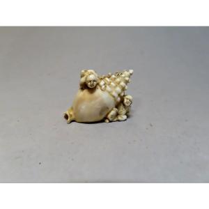 Ivory Netsuke. Two Karako On A Giant Conch. Japan Meiji Period (1868-1912)