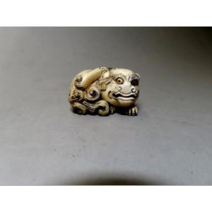 Netsuke en ivoire. Shishi se grattant. Signé Mitsuyuki, Japon époque Meiji (1868-1912 )