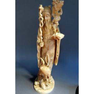 Large Ivory Okimono. Noble Old Man With Heron. Japan, Meiji Period (1868-1912)