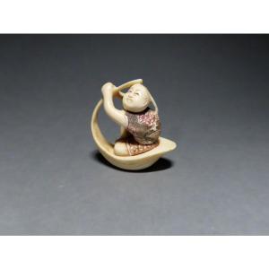 Ivory Netsuke Karako Sailing On A Leaf. Japan Taisho Period (1912-1928)