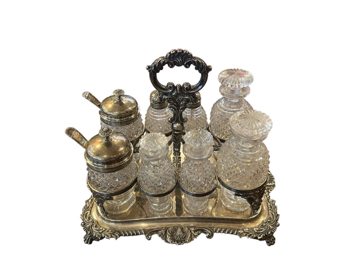 Old Silver And Crystal Cruet Service.