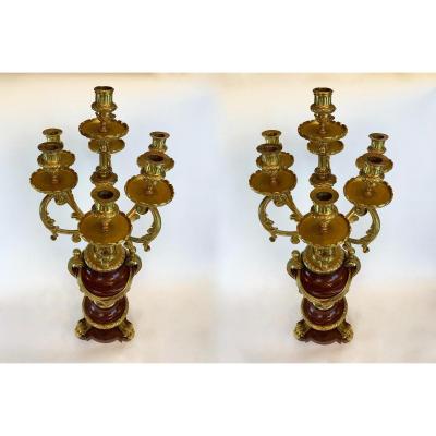 Pair Of Candelabra In Red Marble Frame / Bronze French Work 19 S