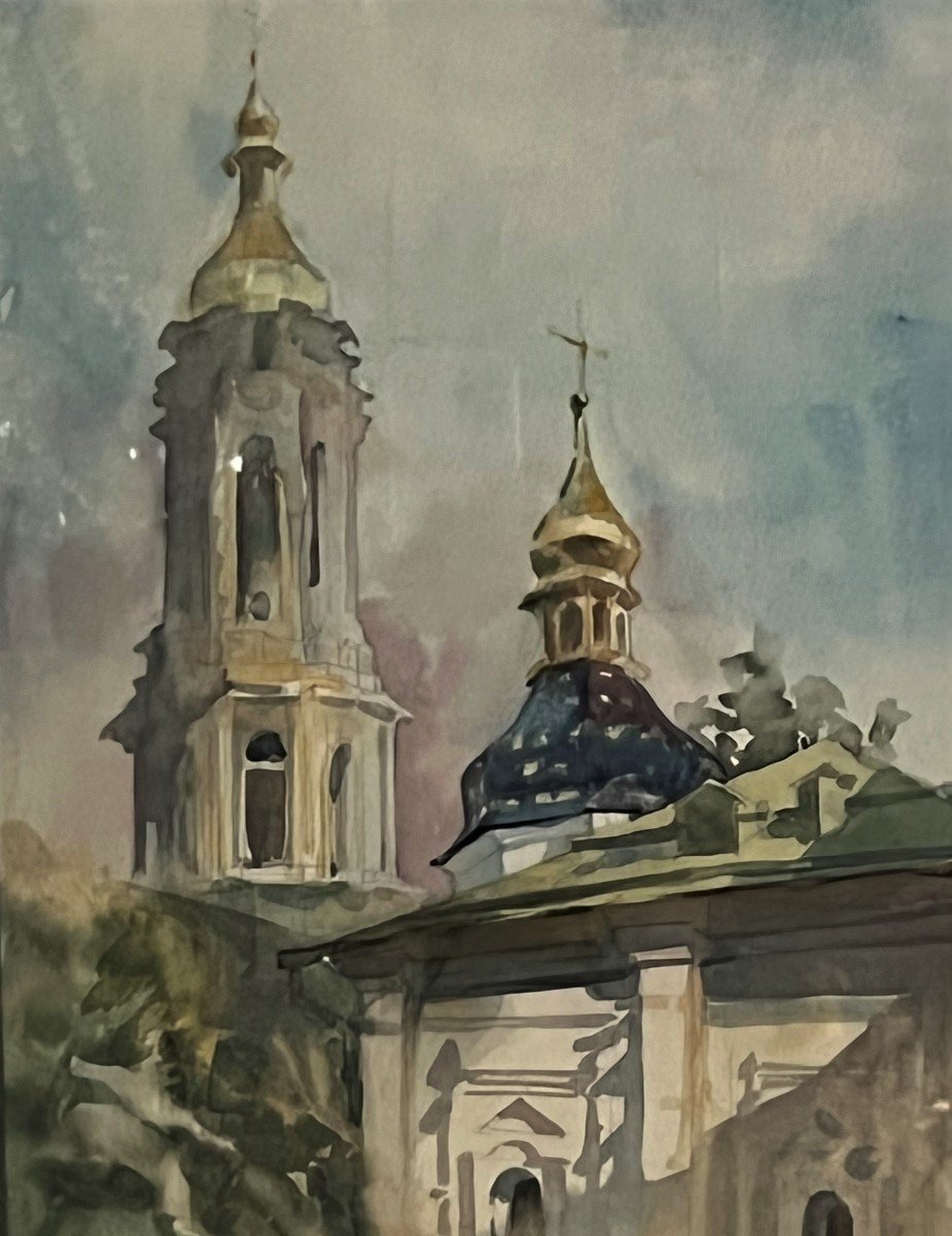 Russian School Around 1950 Watercolor "monastery In Kyiv"-photo-4