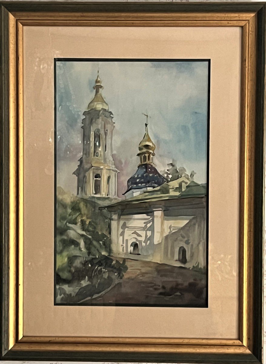 Russian School Around 1950 Watercolor "monastery In Kyiv"
