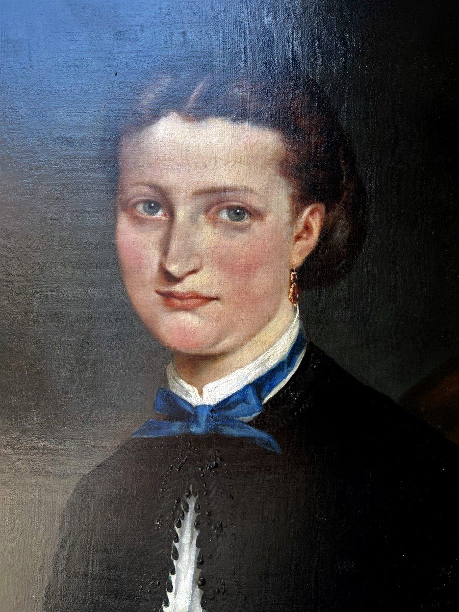 Portrait Of A Young Woman With Blue Ribbon. French School XIX Century-photo-2
