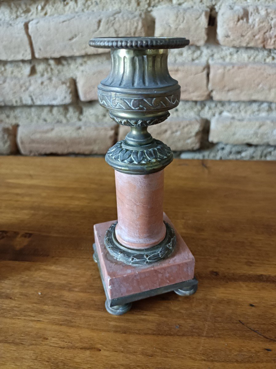 Pair Of Small Candleholder In Pink Marble And Bronze Napoleon III, 19th Century-photo-4