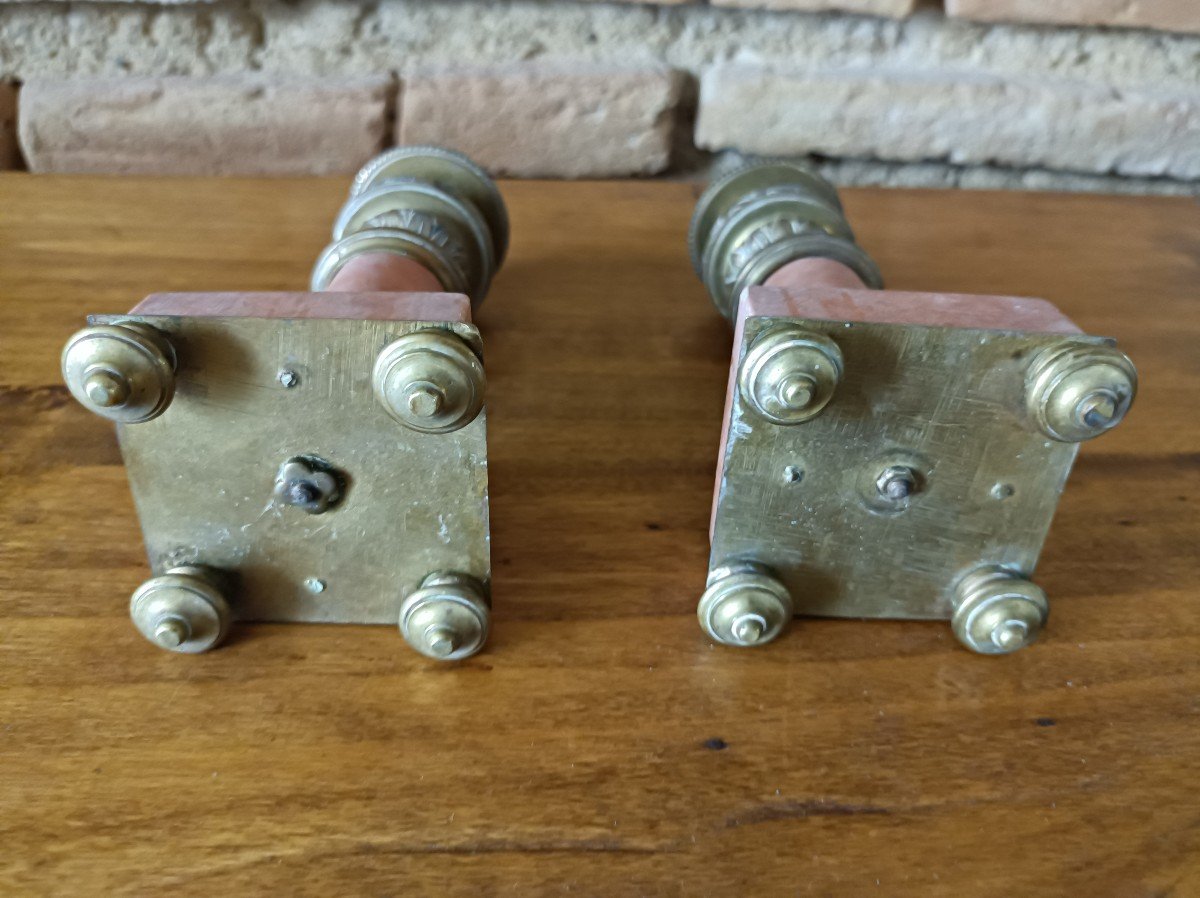 Pair Of Small Candleholder In Pink Marble And Bronze Napoleon III, 19th Century-photo-1