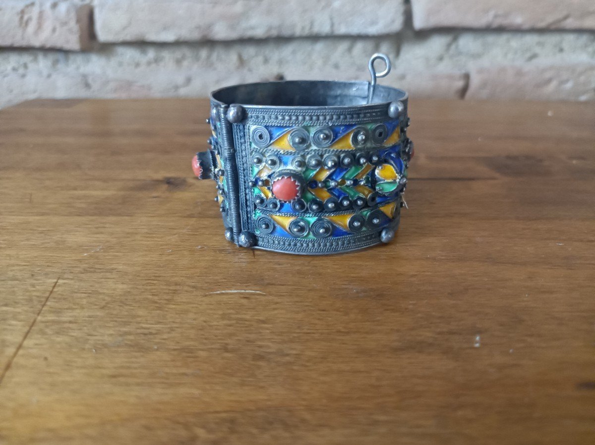 Bracelet Béni Yenni En Argent  Berbère Kabyle, Corail Et émail Cloisonné XIX ème-photo-4