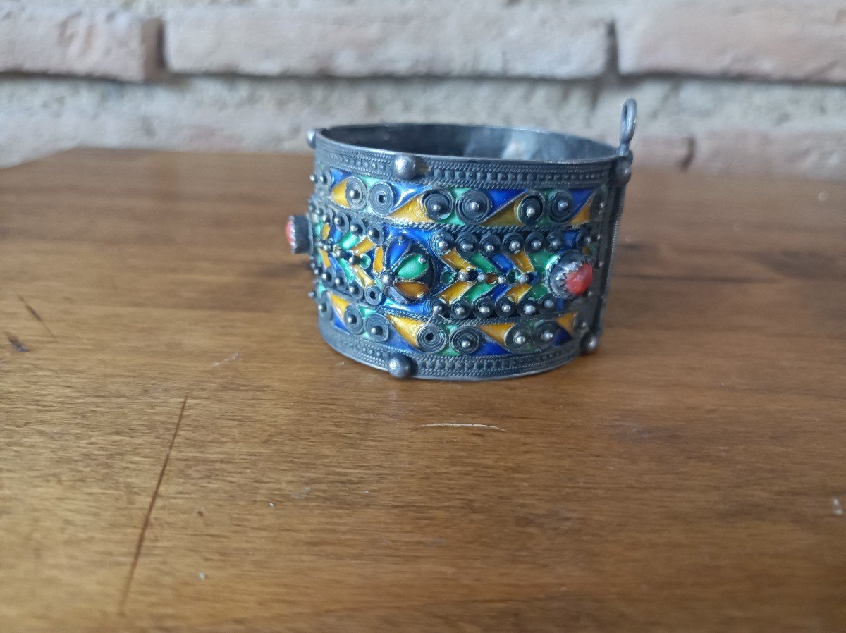 Bracelet Béni Yenni En Argent  Berbère Kabyle, Corail Et émail Cloisonné XIX ème