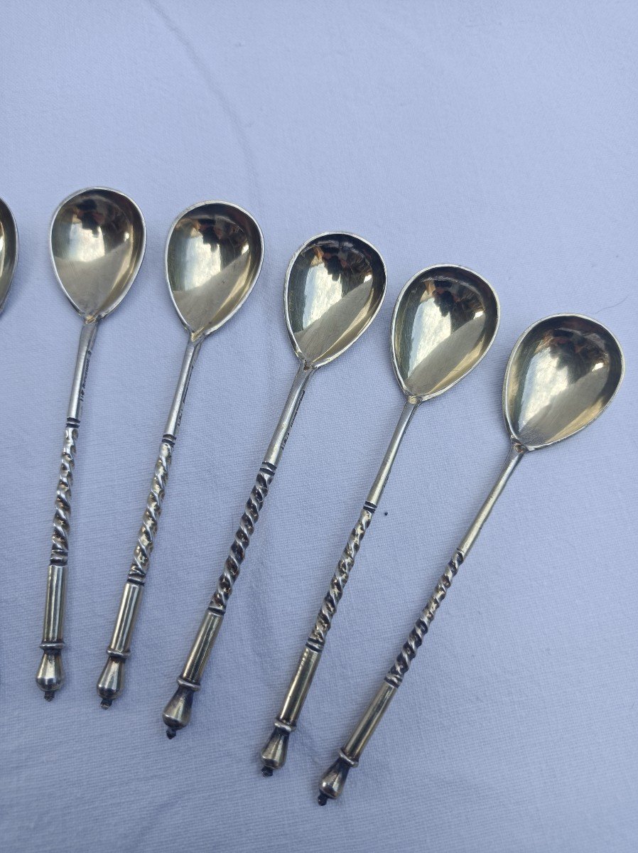 12 Russian Vermeil Caviar Spoons 84 Sterling Silver Moscow Aleksel V.stepanov 1893-photo-2