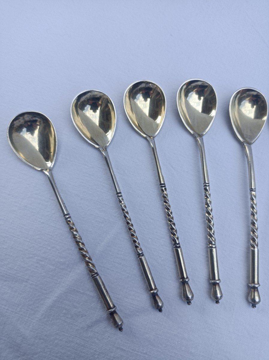 12 Russian Vermeil Caviar Spoons 84 Sterling Silver Moscow Aleksel V.stepanov 1893-photo-3