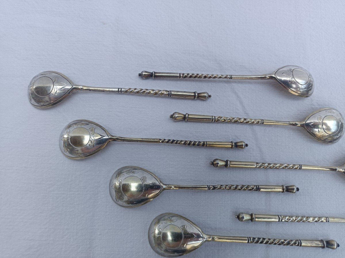 12 Russian Vermeil Caviar Spoons 84 Sterling Silver Moscow Aleksel V.stepanov 1893-photo-4