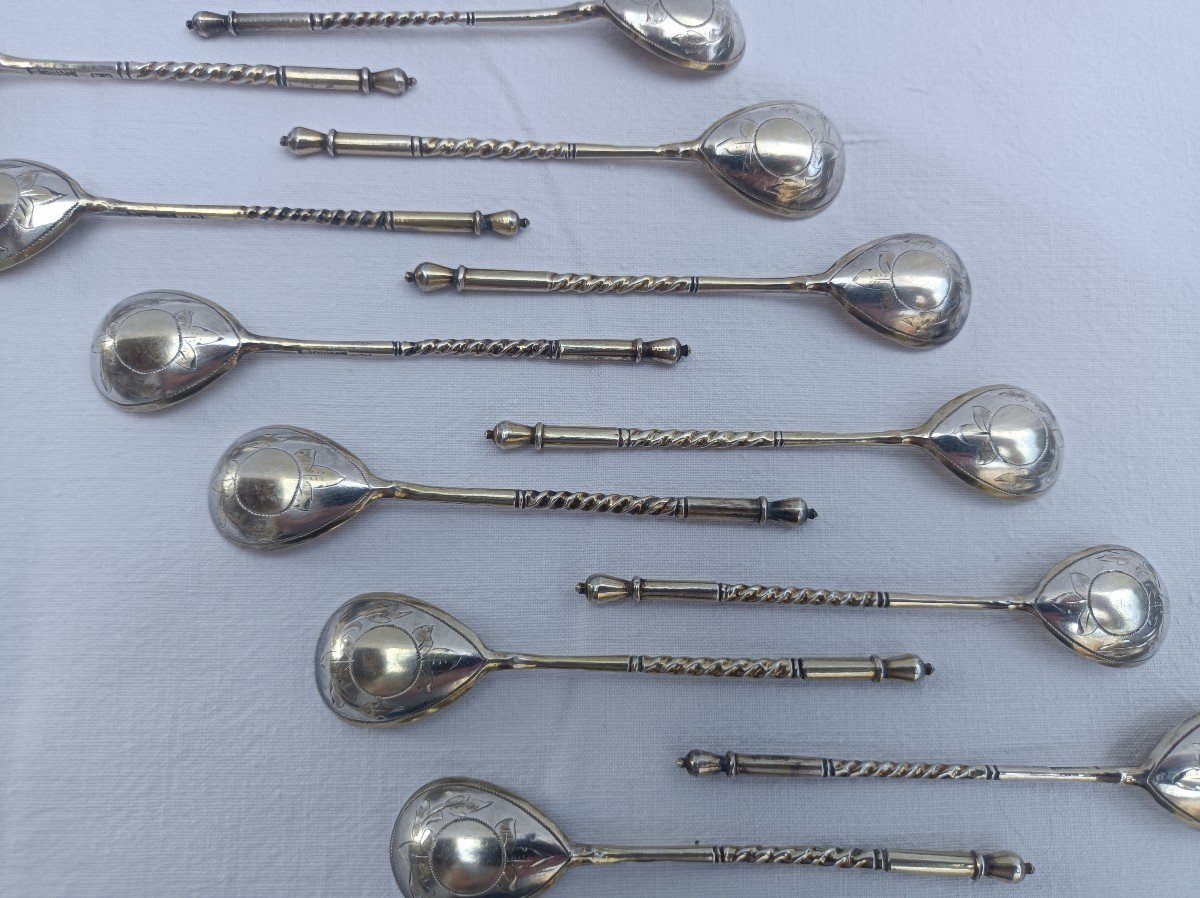 12 Russian Vermeil Caviar Spoons 84 Sterling Silver Moscow Aleksel V.stepanov 1893-photo-5