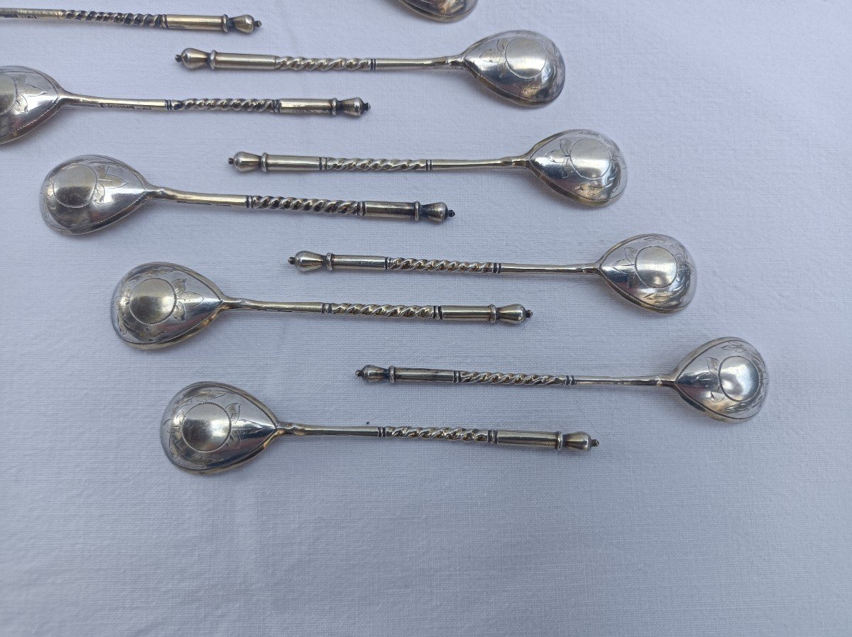 12 Russian Vermeil Caviar Spoons 84 Sterling Silver Moscow Aleksel V.stepanov 1893-photo-6
