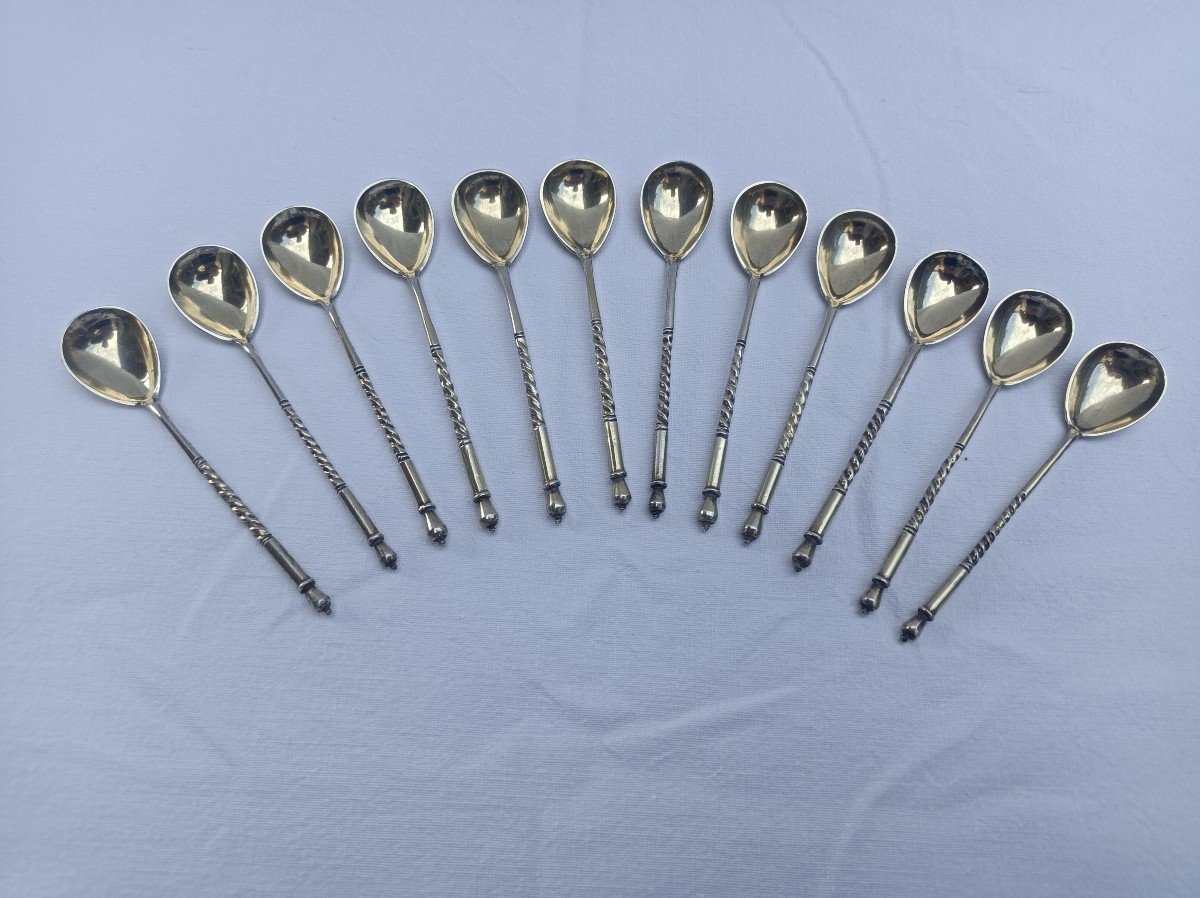 12 Russian Vermeil Caviar Spoons 84 Sterling Silver Moscow Aleksel V.stepanov 1893