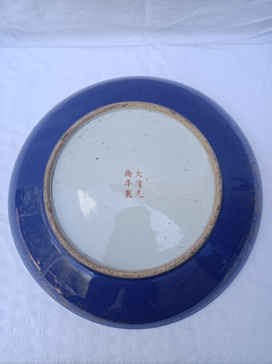 China Powder Blue Porcelain Dish Gold Dragon Brand Guangxu 19th Century-photo-2