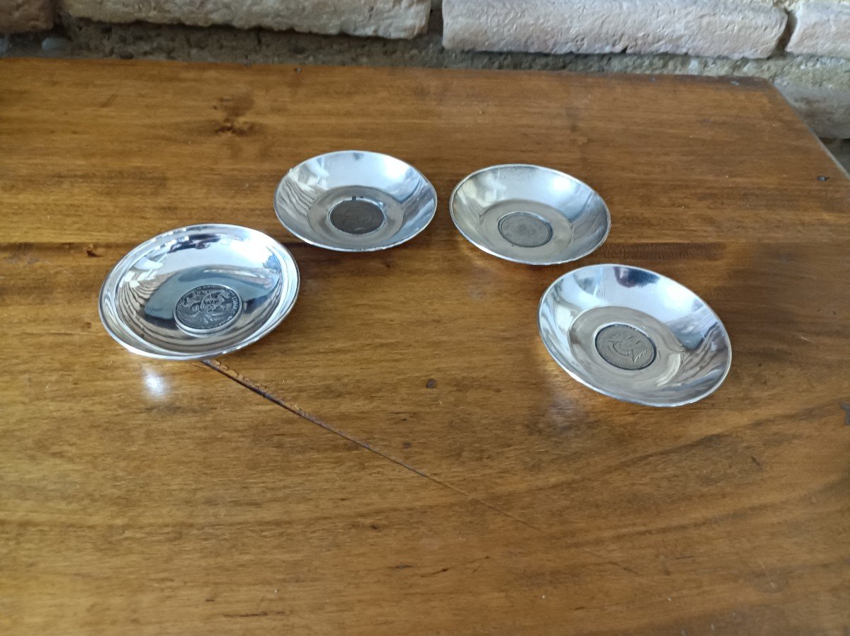 4 Solid Silver Bowls With Arabic Coins