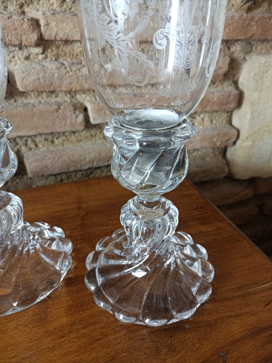 Cristal De Baccarat, Paire De Photophores Bougeoirs "bambou Torse" Signés-photo-3