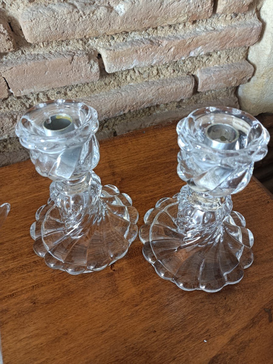 Baccarat Crystal, Pair Of Signed "bamboo Torso" Tealight Candle Holders-photo-2