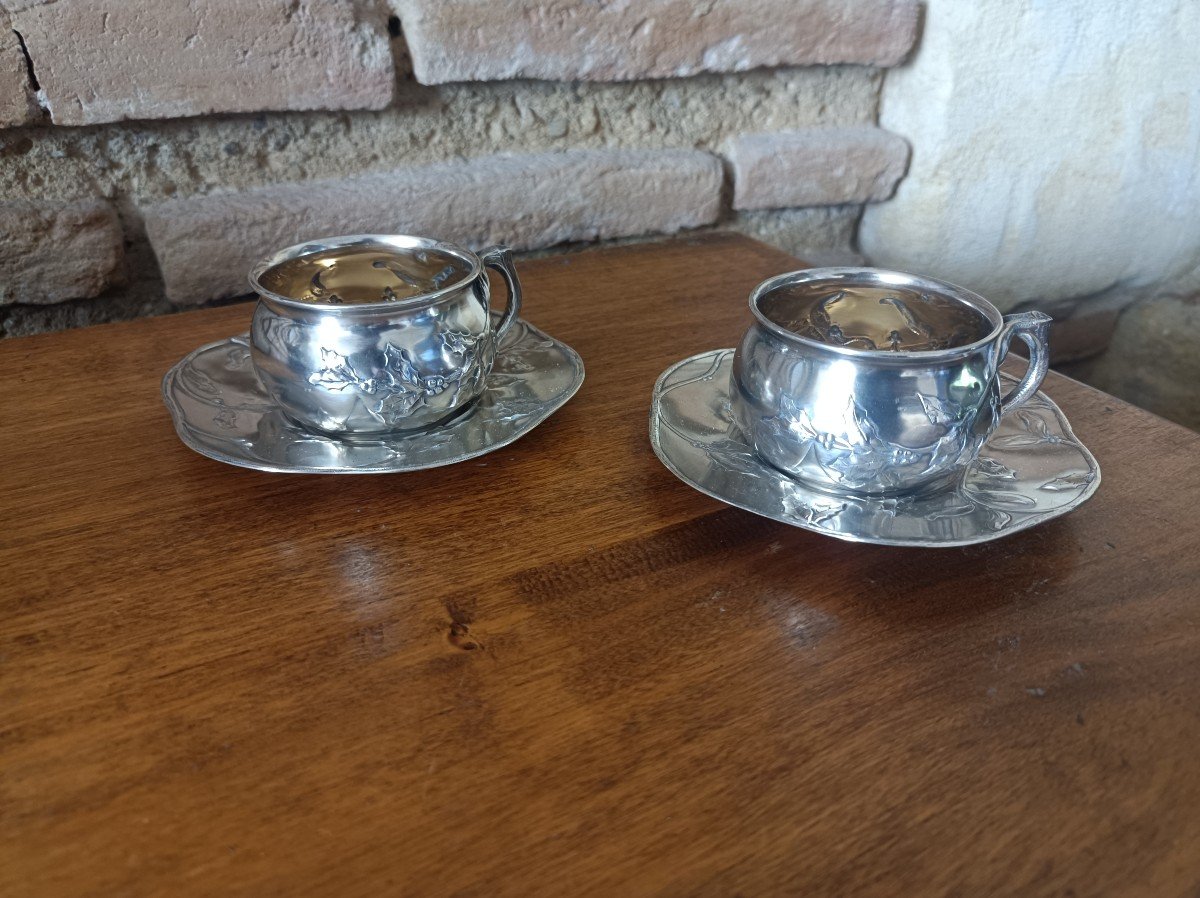 Eugene Lefebvre Pair Of Art Nouveau Chocolate Cups In Sterling Silver & Vermeil 1900