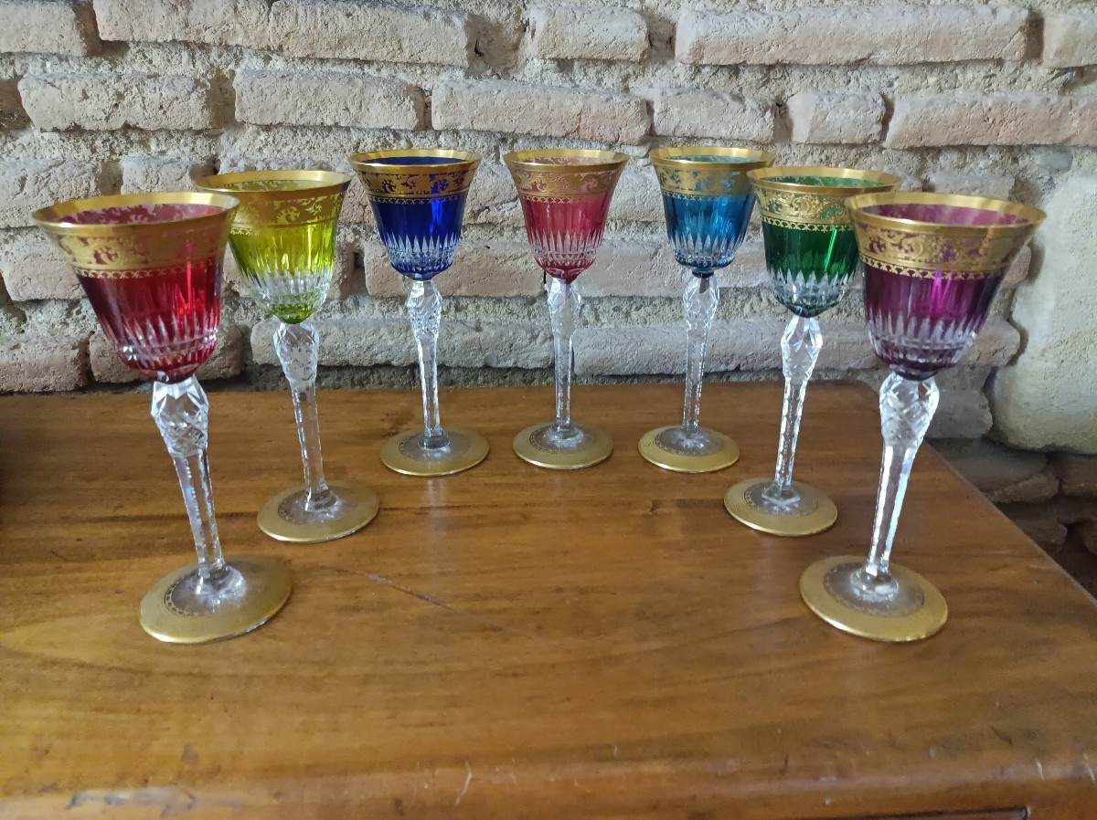 7 Large St Louis Crystal Glasses Corrèze Gold Roemer Color 