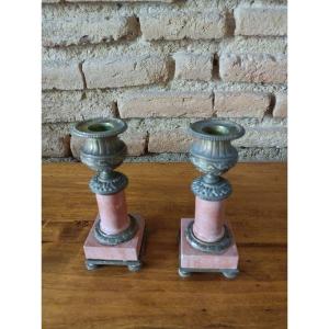 Pair Of Small Candleholder In Pink Marble And Bronze Napoleon III, 19th Century