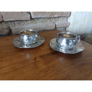 Eugene Lefebvre Pair Of Art Nouveau Chocolate Cups In Sterling Silver & Vermeil 1900