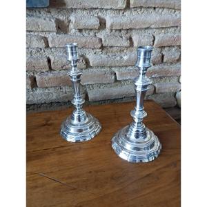 -pair Of Louis XV Period Silver-plated Bronze Candlesticks, Hallmarked With A Crowned C, 1745-1749