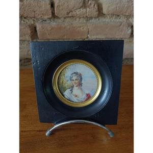 Duchess Of Castiglione Miniature Portrait On Ivory Blackened Wood Frame Signed Naguet 19th Century