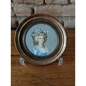 Young Elegant Woman With Pearls Miniature On Ivory In Gilded Wooden Frame Signed Jgh 19th Century