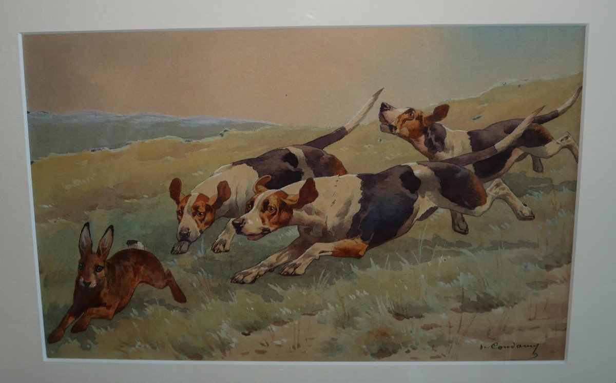 Charles De Condamy, Beagles et Lièvre, Chasse à Courre, Cynégétique, aquarelle sur papier, XIXe-photo-2