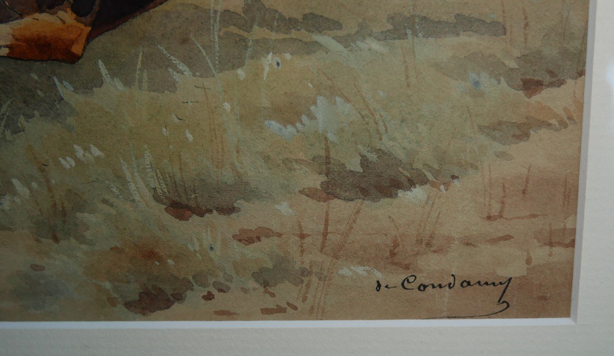 Charles De Condamy, Beagles et Lièvre, Chasse à Courre, Cynégétique, aquarelle sur papier, XIXe-photo-4